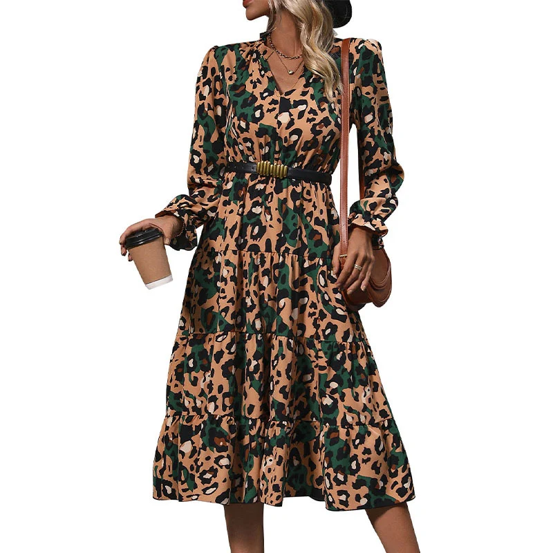 Damen Wickel-Midikleid mit Leopardenmuster, Stufenrock und elastischer Taillenpassform Nord Taschen