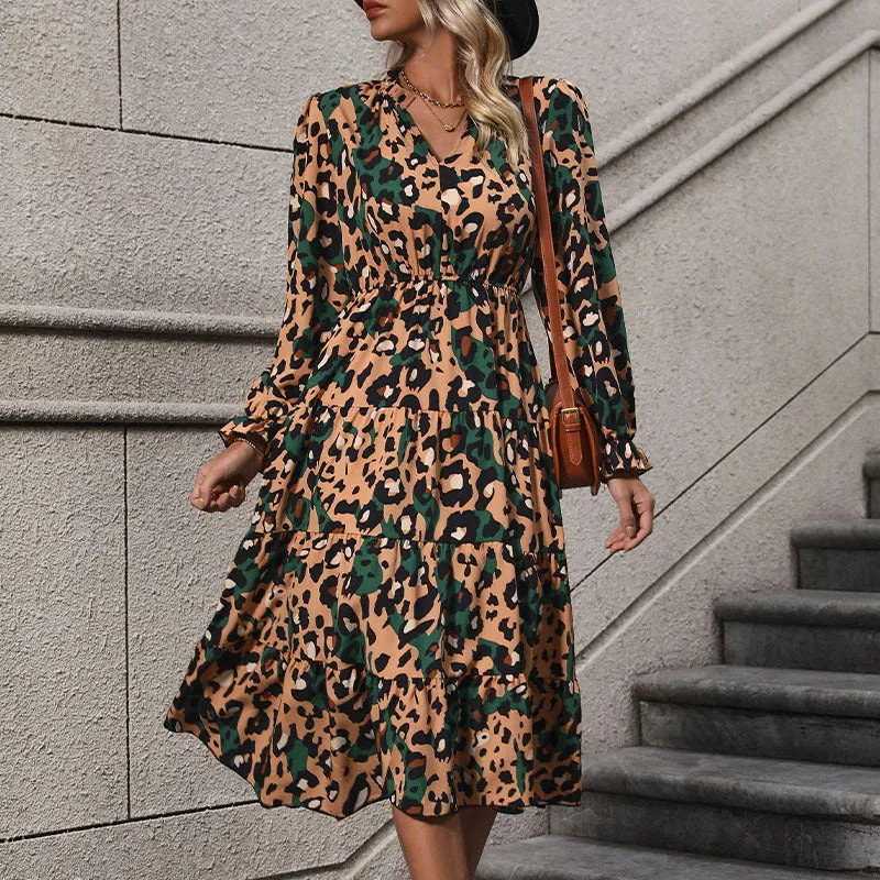 Damen Wickel-Midikleid mit Leopardenmuster, Stufenrock und elastischer Taillenpassform Nord Taschen