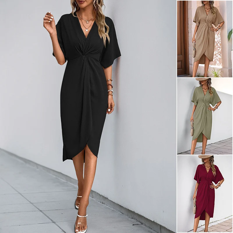 Damen Wickel-Midikleid mit Knotendetail, V-Ausschnitt und überschnittenen Ärmeln Nord Taschen