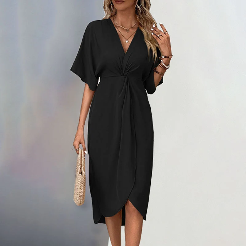 Damen Wickel-Midikleid mit Knotendetail, V-Ausschnitt und überschnittenen Ärmeln Nord Taschen