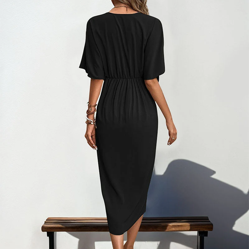 Damen Wickel-Midikleid mit Knotendetail, V-Ausschnitt und überschnittenen Ärmeln Nord Taschen