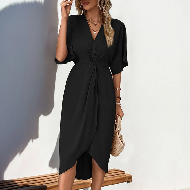 Damen Wickel-Midikleid mit Knotendetail, V-Ausschnitt und überschnittenen Ärmeln Nord Taschen