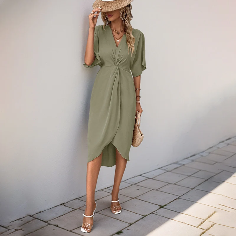 Damen Wickel-Midikleid mit Knotendetail, V-Ausschnitt und überschnittenen Ärmeln Nord Taschen
