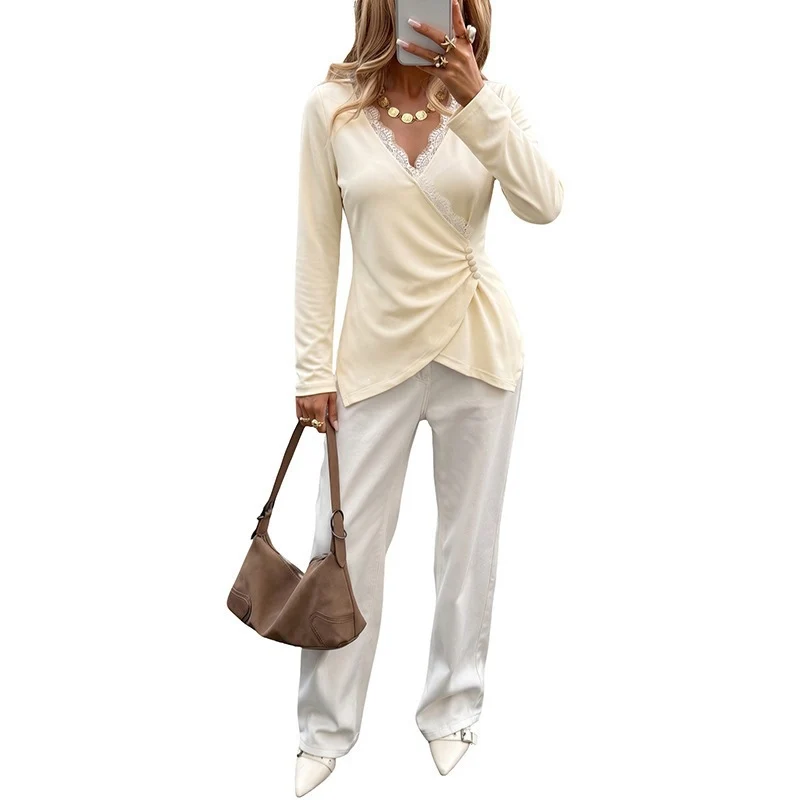 Damen Wickel-Longsleeve mit Spitzenbesatz und seitlicher Raffung Nord Taschen