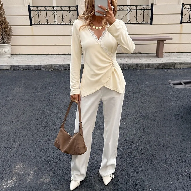 Damen Wickel-Longsleeve mit Spitzenbesatz und seitlicher Raffung Nord Taschen