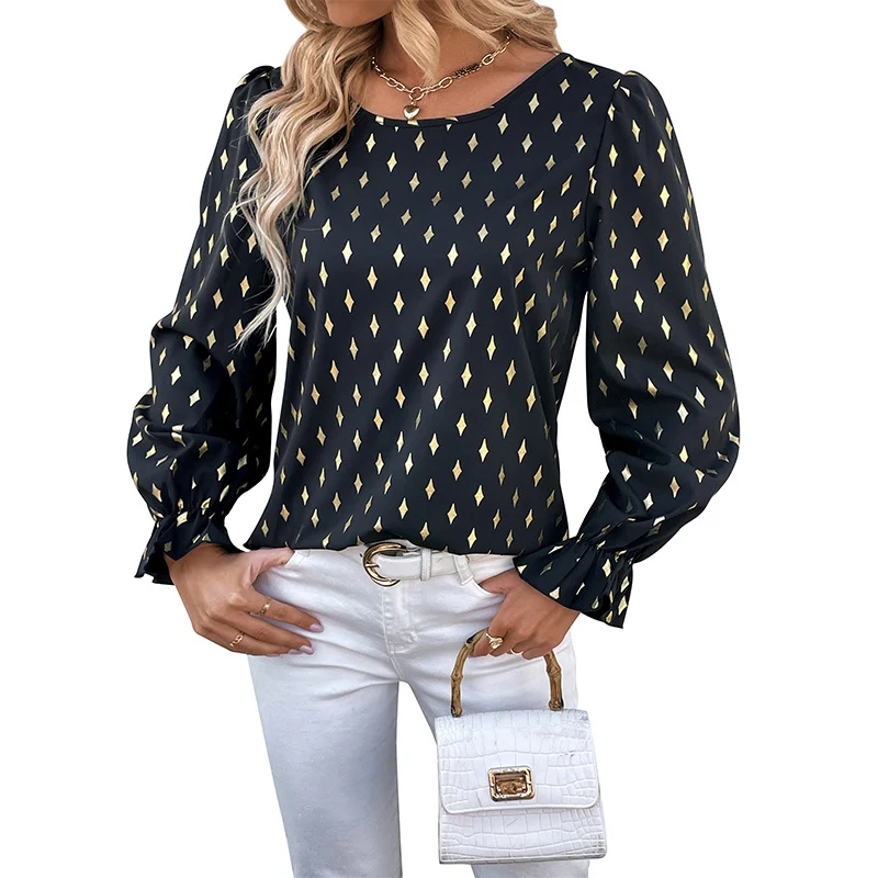 Damen Satin-Blusenshirt mit Rautendruck, leicht taillierter Schnitt und zarten Puffärmeln Nord Taschen