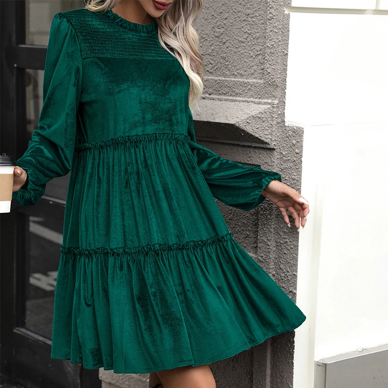 Damen Samtkleid mit geraffter Stufen‑A‑Linie und gesmokter Brustpartie Nord Taschen