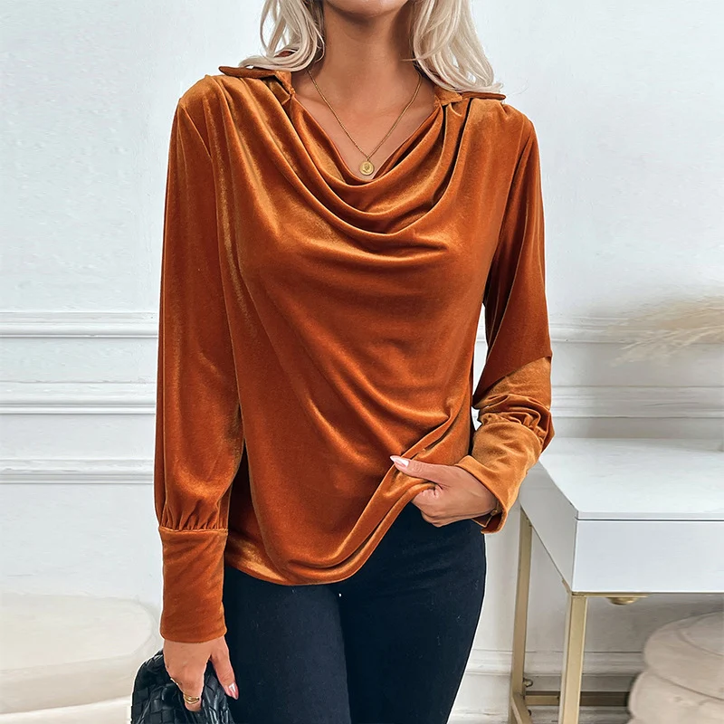 Damen Samtbluse mit Wasserfalldrapierung, Hemdkragen und Ballonärmeln Nord Taschen