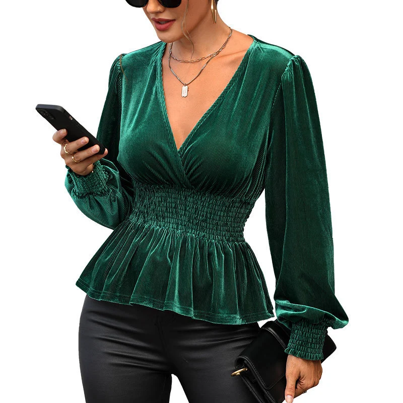 Damen Samtbluse mit V-Ausschnitt, geraffter Smock-Taille und Peplum Nord Taschen