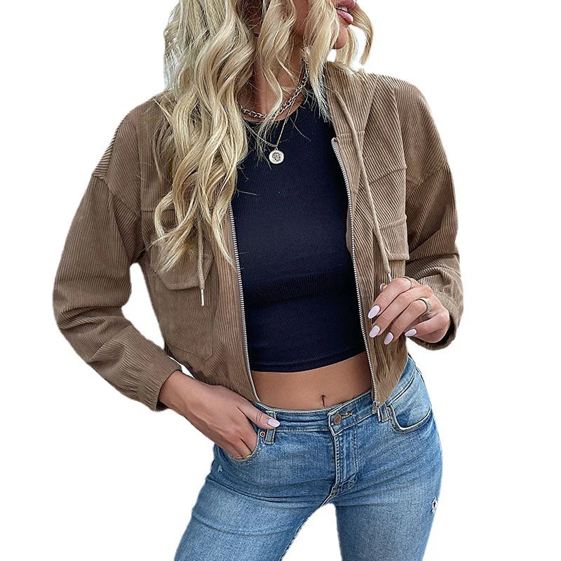 Damen Kurze Cord-Jacke mit Kapuze, Reißverschluss & Brusttaschen Nord Taschen