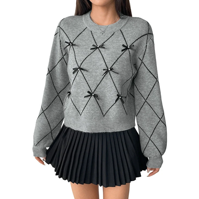Damen Kurzer Argyle-Strickpullover mit Zier‑Schleifen und geripptem Saum Nord Taschen