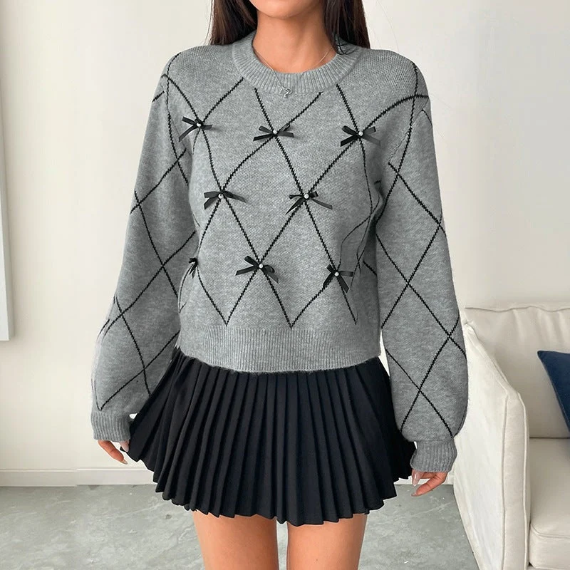 Damen Kurzer Argyle-Strickpullover mit Zier‑Schleifen und geripptem Saum Nord Taschen