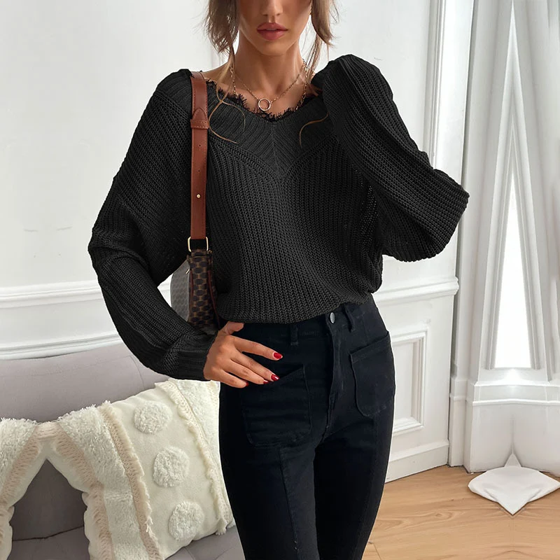 Damen Oversize V-Ausschnitt Strukturstrick-Pullover mit überschnittener Schulter und lockerer Silhouette Nord Taschen