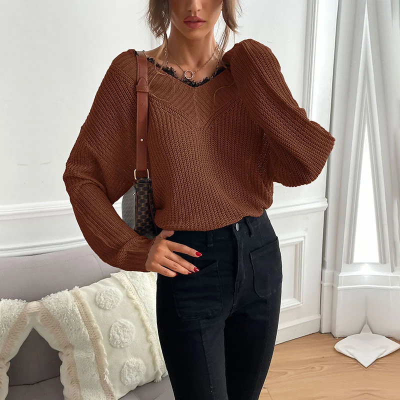 Damen Oversize V-Ausschnitt Strukturstrick-Pullover mit überschnittener Schulter und lockerer Silhouette Nord Taschen