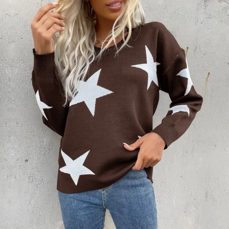 Damen Oversize V‑Ausschnitt Strickpullover mit großem Sternen‑Jacquard Nord Taschen