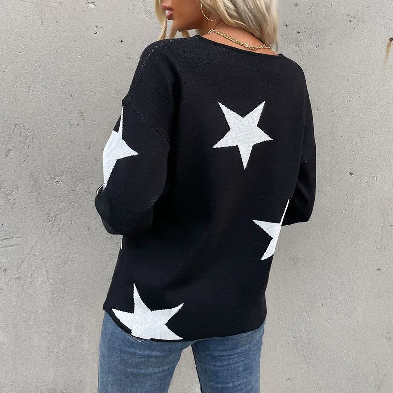 Damen Oversize V‑Ausschnitt Strickpullover mit großem Sternen‑Jacquard Nord Taschen