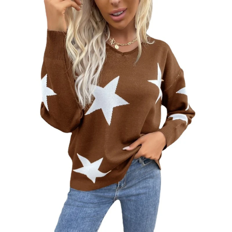 Damen Oversize V‑Ausschnitt Strickpullover mit großem Sternen‑Jacquard Nord Taschen