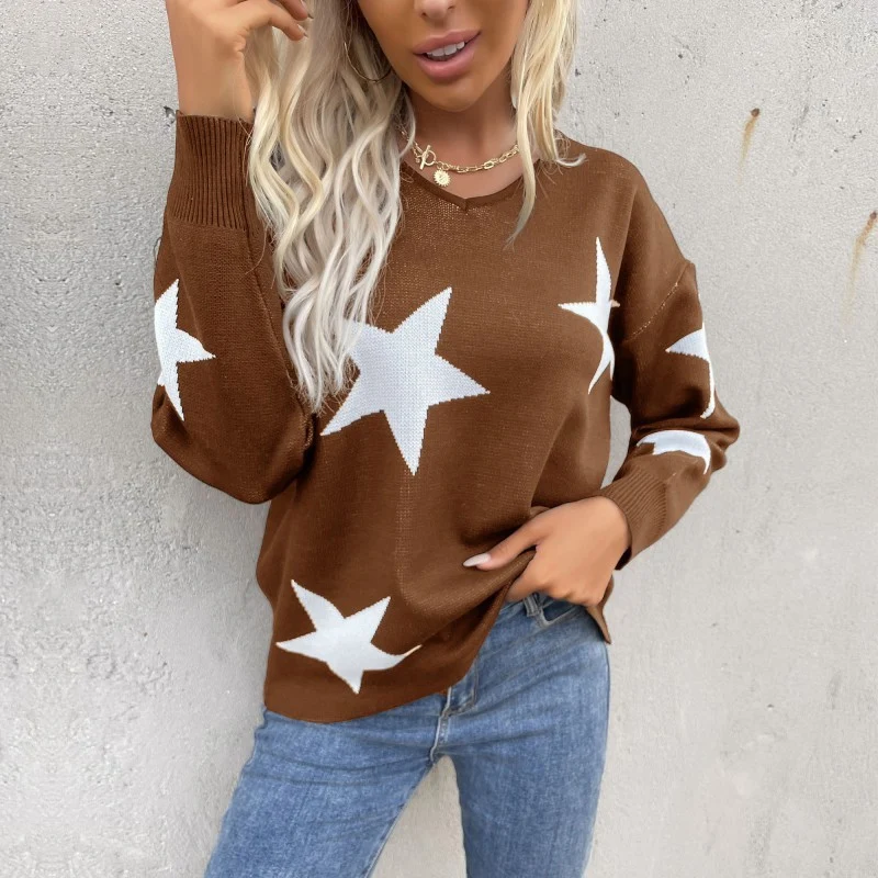 Damen Oversize V‑Ausschnitt Strickpullover mit großem Sternen‑Jacquard Nord Taschen