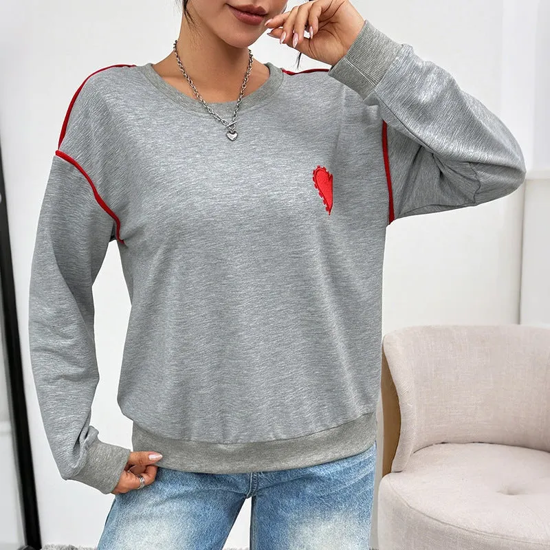 Damen Oversize-Sweatshirt mit Stickherz, Kontrastpaspeln und geripptem Saum Nord Taschen