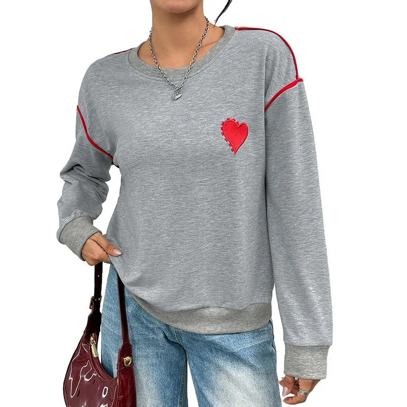 Damen Oversize-Sweatshirt mit Stickherz, Kontrastpaspeln und geripptem Saum Nord Taschen