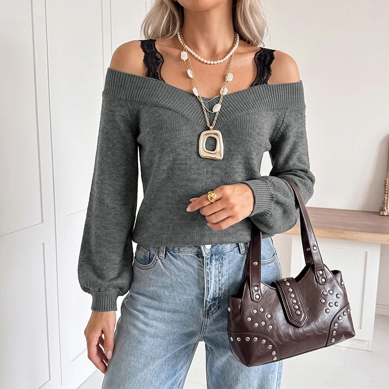Damen Off-Shoulder V‑Ausschnitt Feinstrickpullover mit Spitzen‑Träger‑Optik und Ballonärmeln Nord Taschen