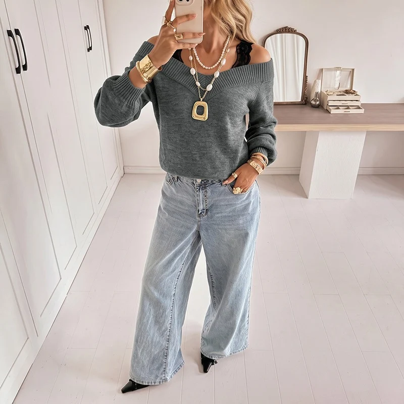 Damen Off-Shoulder V‑Ausschnitt Feinstrickpullover mit Spitzen‑Träger‑Optik und Ballonärmeln Nord Taschen