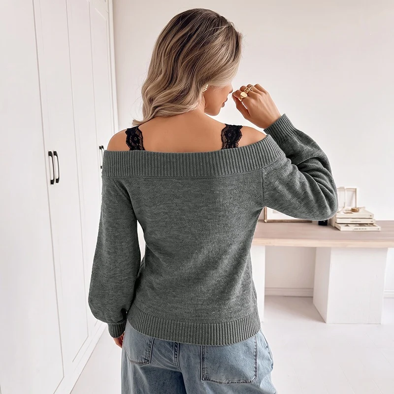 Damen Off-Shoulder V‑Ausschnitt Feinstrickpullover mit Spitzen‑Träger‑Optik und Ballonärmeln Nord Taschen