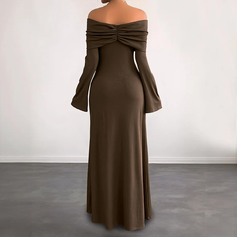 Damen Off-Shoulder Maxikleid mit geraffter Brustpartie und schmaler A‑Linie Nord Taschen