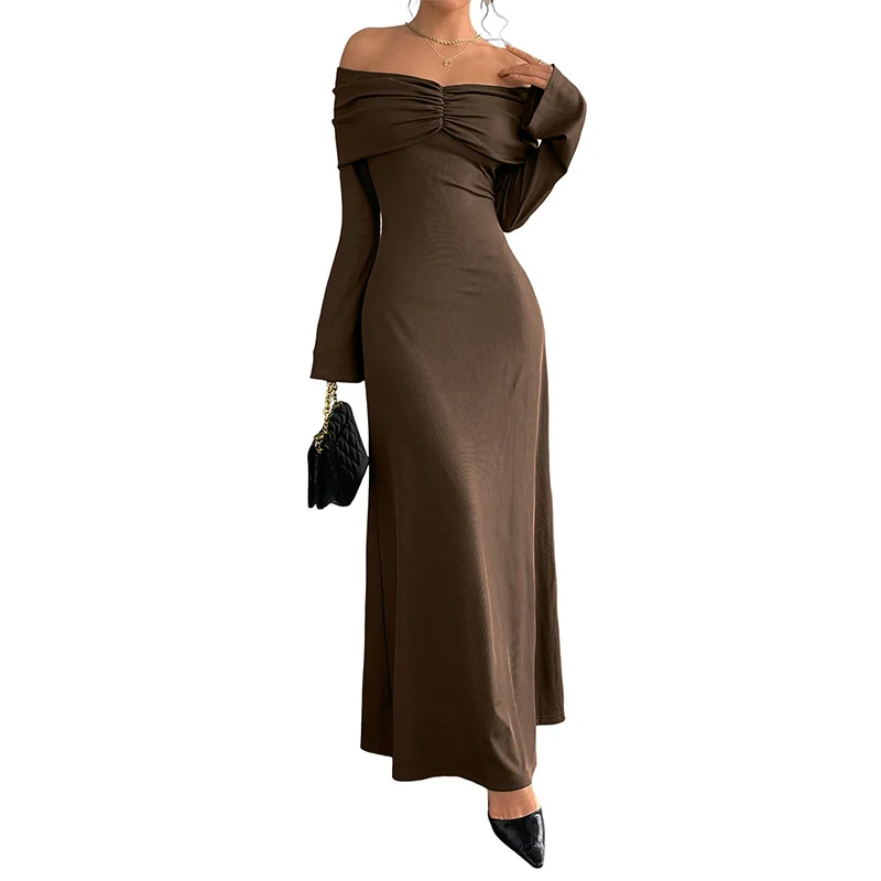 Damen Off-Shoulder Maxikleid mit geraffter Brustpartie und schmaler A‑Linie Nord Taschen