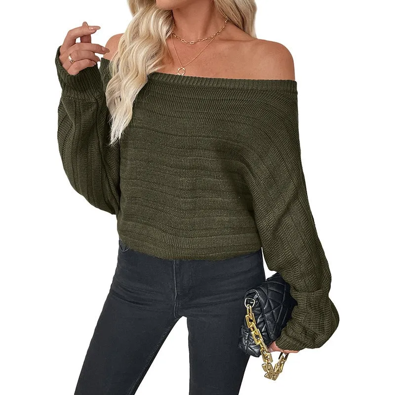 Damen Off-Shoulder Grobstruktur-Strickpullover mit Balloonärmeln Nord Taschen