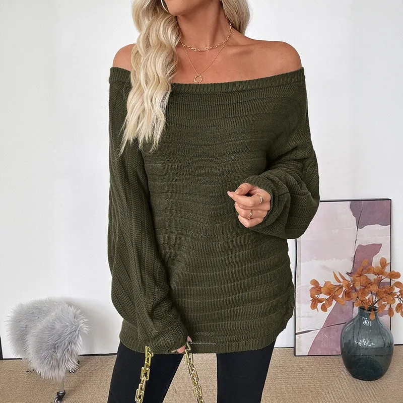 Damen Off-Shoulder Grobstruktur-Strickpullover mit Balloonärmeln Nord Taschen