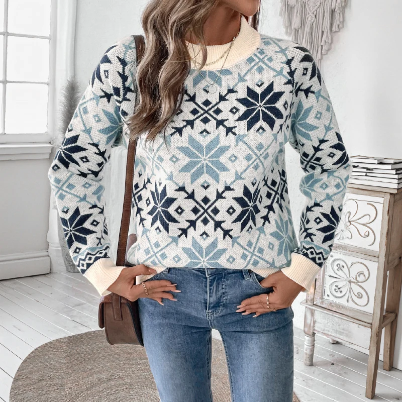 Damen Norwegermuster Strickpullover mit Rundhals, Rippbündchen und Relaxed‑Fit Nord Taschen