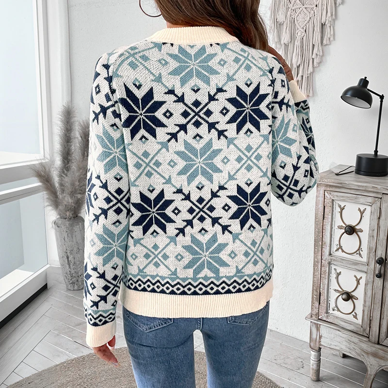 Damen Norwegermuster Strickpullover mit Rundhals, Rippbündchen und Relaxed‑Fit Nord Taschen