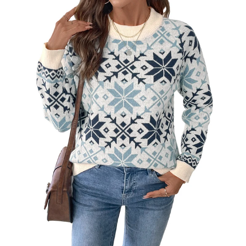 Damen Norwegermuster Strickpullover mit Rundhals, Rippbündchen und Relaxed‑Fit Nord Taschen
