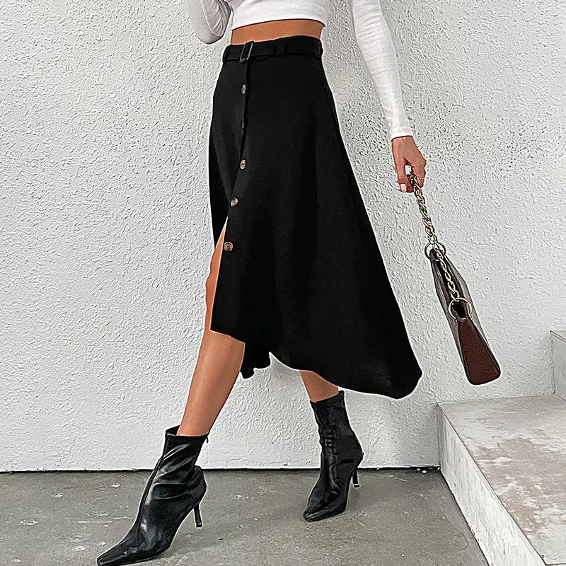 Damen Midirock mit Zierknopfleiste, Taillengürtel und leicht A-Linien-Schnitt Nord Taschen