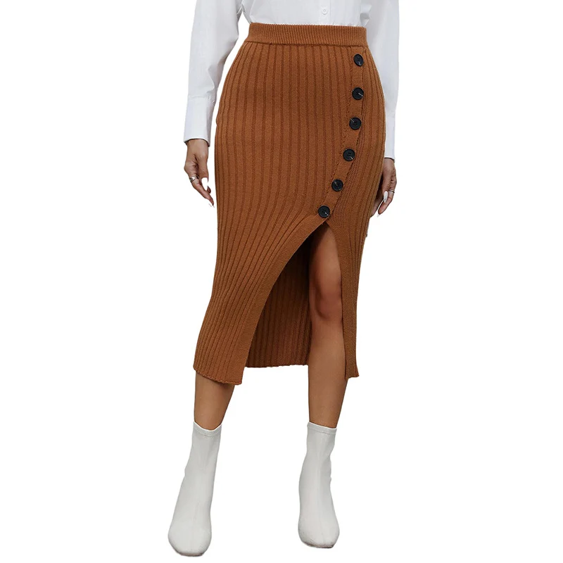 Damen Midirock aus Rippstrick mit seitlicher Knopfleiste und Beinschlitz Nord Taschen