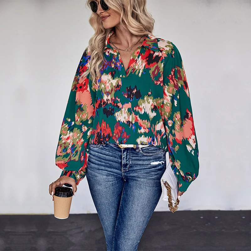Damen Weites Blusenshirt mit Hemdkragen, abstraktem Print und Ballonärmeln Nord Taschen
