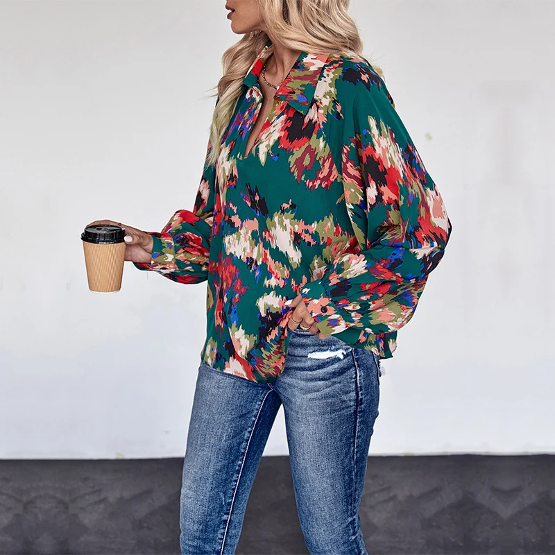 Damen Weites Blusenshirt mit Hemdkragen, abstraktem Print und Ballonärmeln Nord Taschen