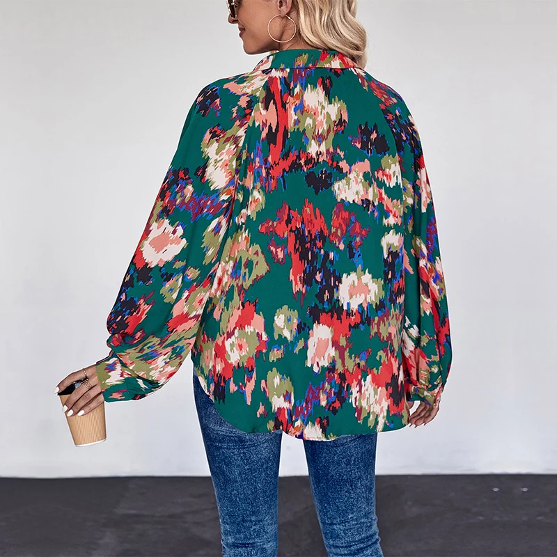Damen Weites Blusenshirt mit Hemdkragen, abstraktem Print und Ballonärmeln Nord Taschen