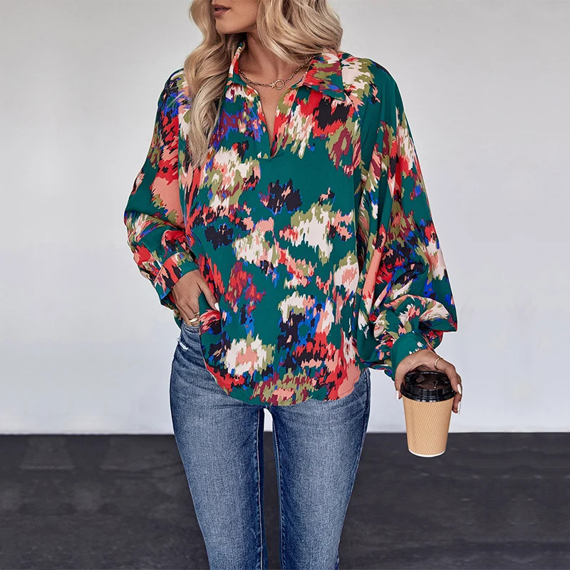 Damen Weites Blusenshirt mit Hemdkragen, abstraktem Print und Ballonärmeln Nord Taschen