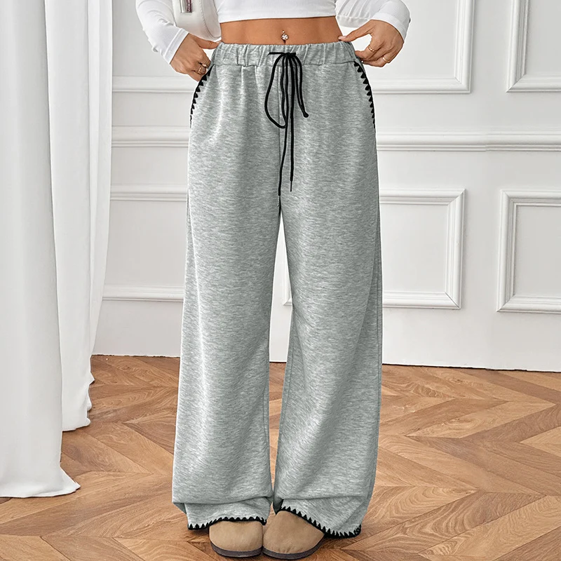Damen Weite Relax-Fleece-Hose mit hohem Bund, Kordelzug und Zierstich-Details Nord Taschen