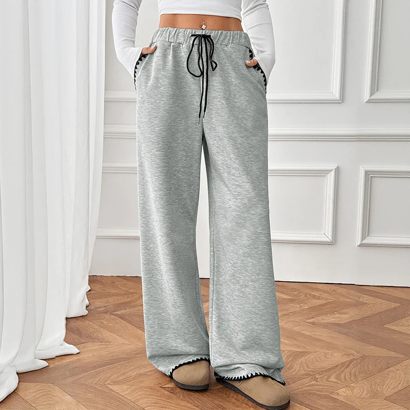 Damen Weite Relax-Fleece-Hose mit hohem Bund, Kordelzug und Zierstich-Details Nord Taschen