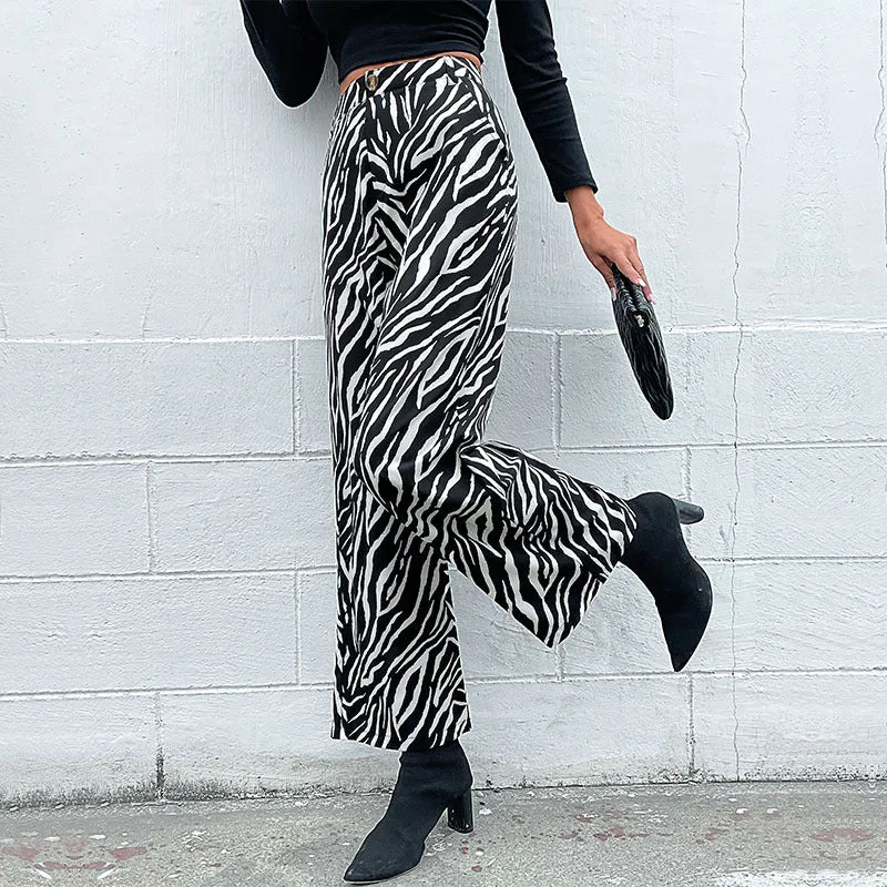 Damen Weite Palazzo-Hose mit Animal-Zebra-Muster, hohem Bund und Gürtelschlaufen Nord Taschen
