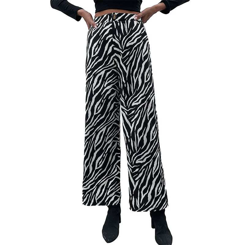 Damen Weite Palazzo-Hose mit Animal-Zebra-Muster, hohem Bund und Gürtelschlaufen Nord Taschen