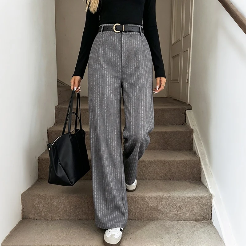 Damen Weite Nadelstreifen-Hose mit hoher Taille und weitem Bein Nord Taschen