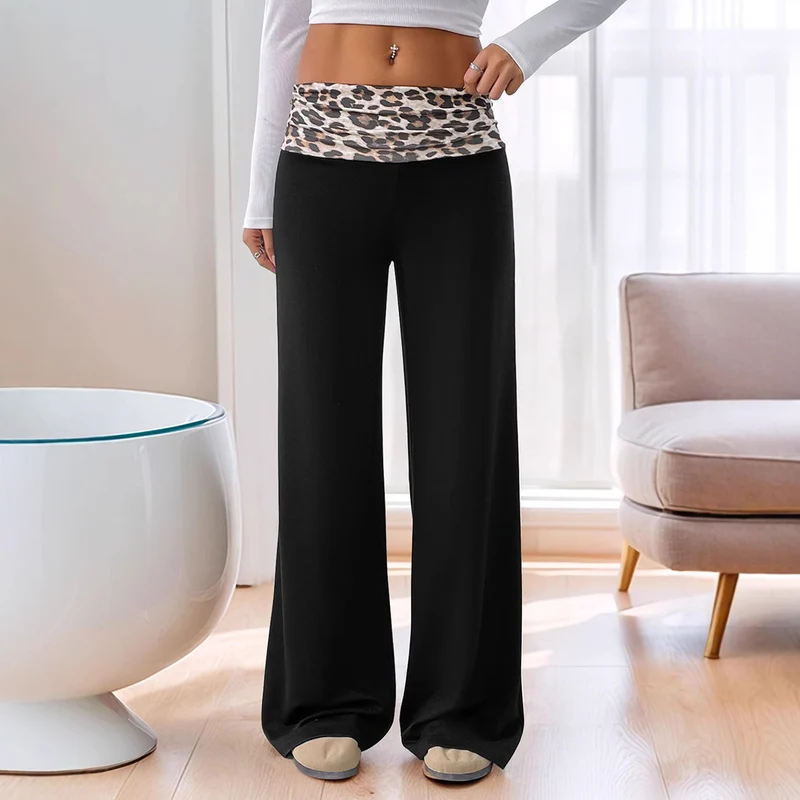 Damen Weite Loungewear‑Hose mit umgeschlagenem Leopardenbund und hoher Taille Nord Taschen