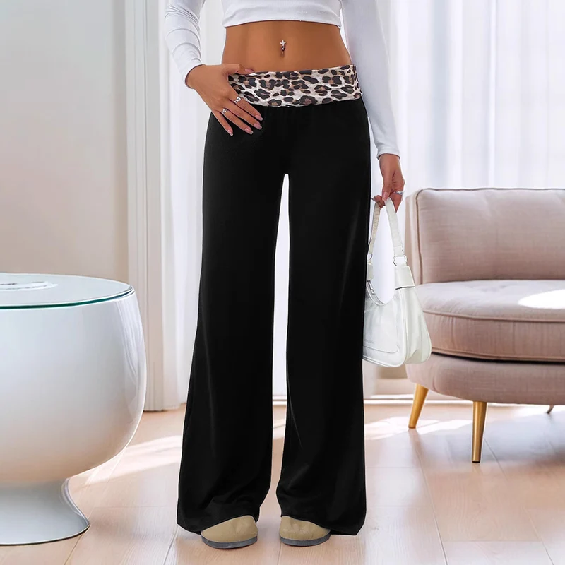 Damen Weite Loungewear‑Hose mit umgeschlagenem Leopardenbund und hoher Taille Nord Taschen