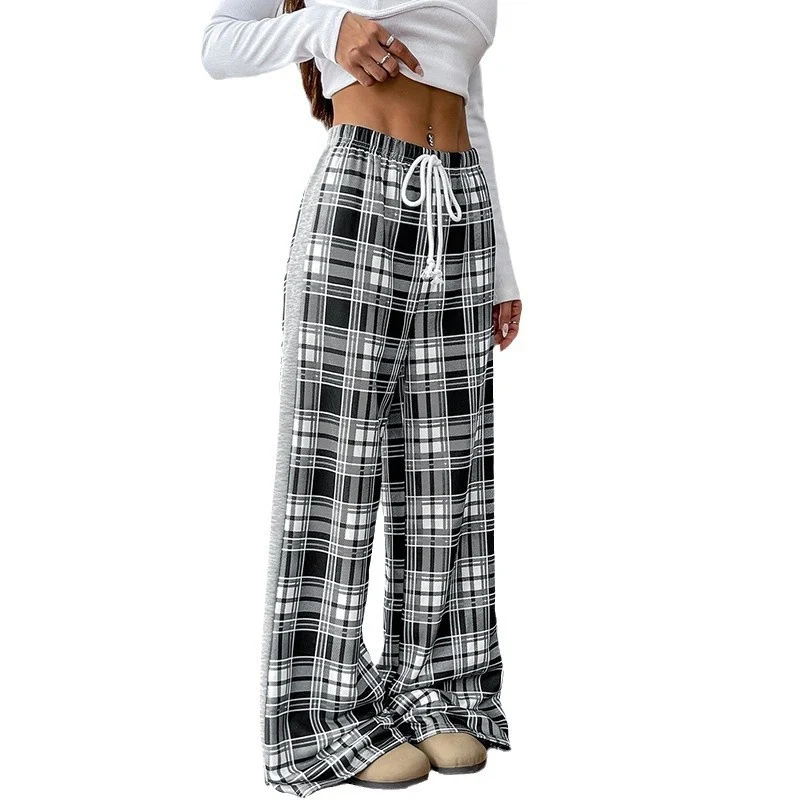 Damen Weite Lounge‑Hose im Karomuster mit elastischem Bund und Kontrast‑Seitpanel Nord Taschen