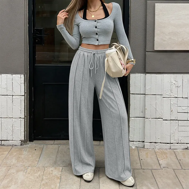 Damen Weite High‑Waist Loungewear-Hose mit Bügelfalten und Tunnelzug Nord Taschen