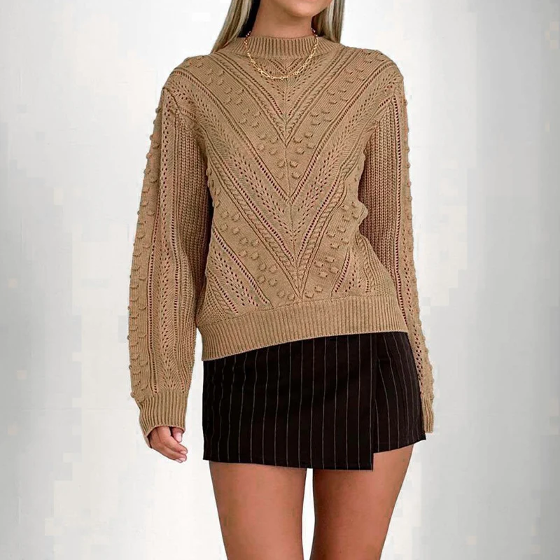 Damen Strukturierter Ajourstrick-Pullover mit Noppenmuster und Stehkragen Nord Taschen